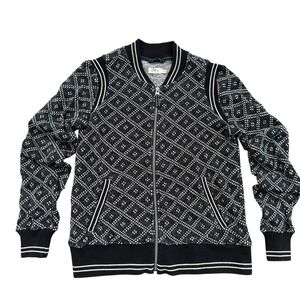 Faherty Brand Women Black White Diamond Knit Full Zip Bomber Sweater Jacket S